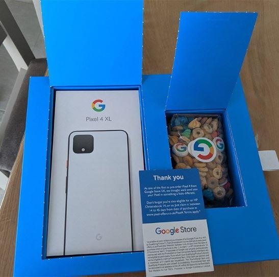 Google Pixel 4XL inside the cereal Box